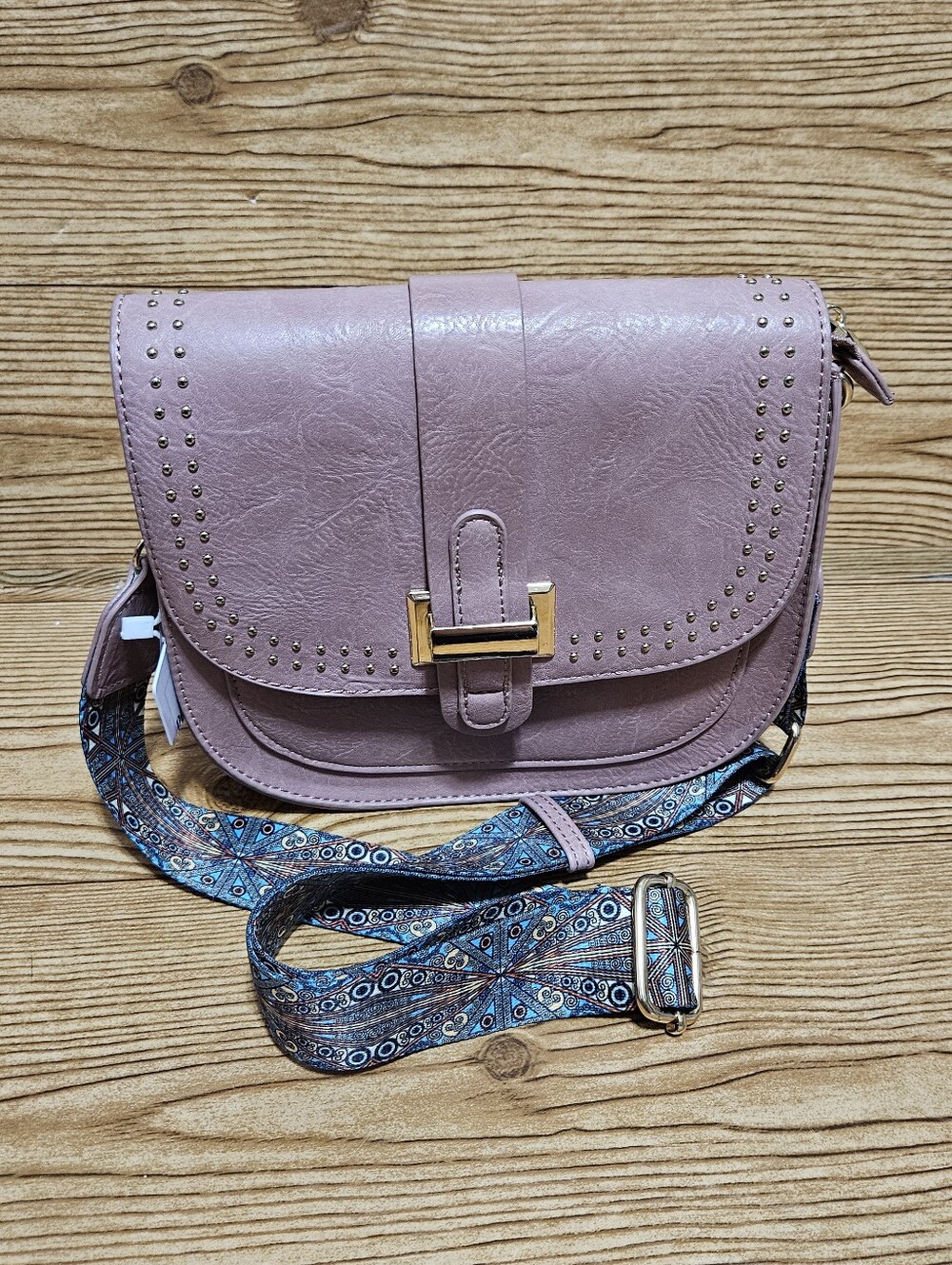 Vegan Leather Purse Crossbody Strap Pink Gold Grommet - Picture 9 of 11